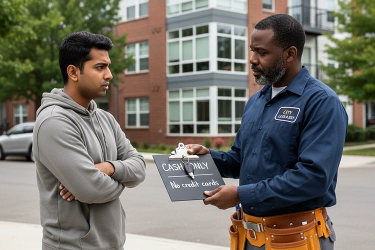 a locksmith who is asking for cash