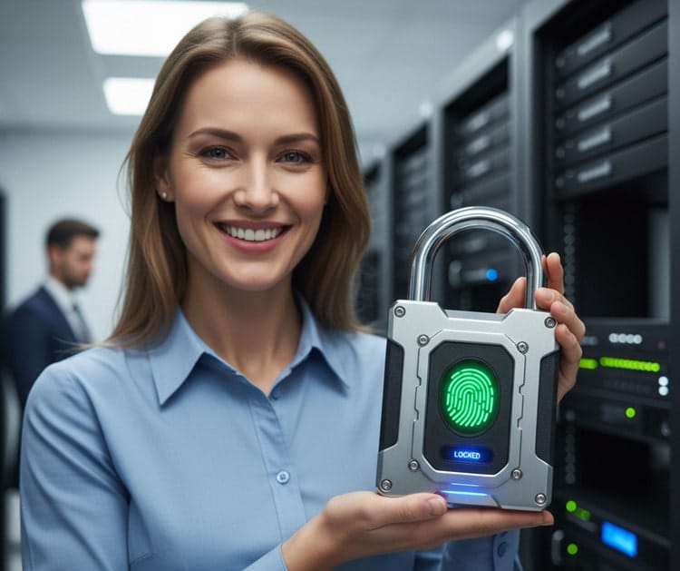 a woman who is happy with a high security lock