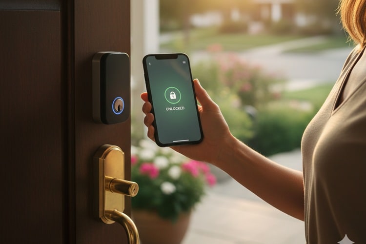 a woman controling smart lock with her phone