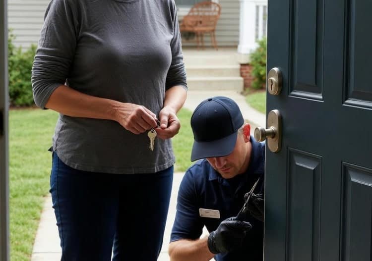 an emergency locksmith helping a woman